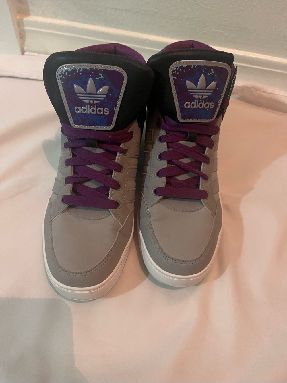 adidas Gray High-Top Sneakers with Purple Accents